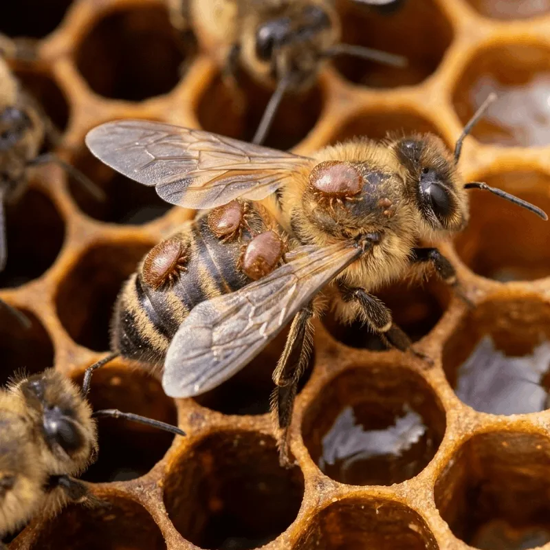 Кліщ Varroa destructor на бджолі — збудник варроатозу